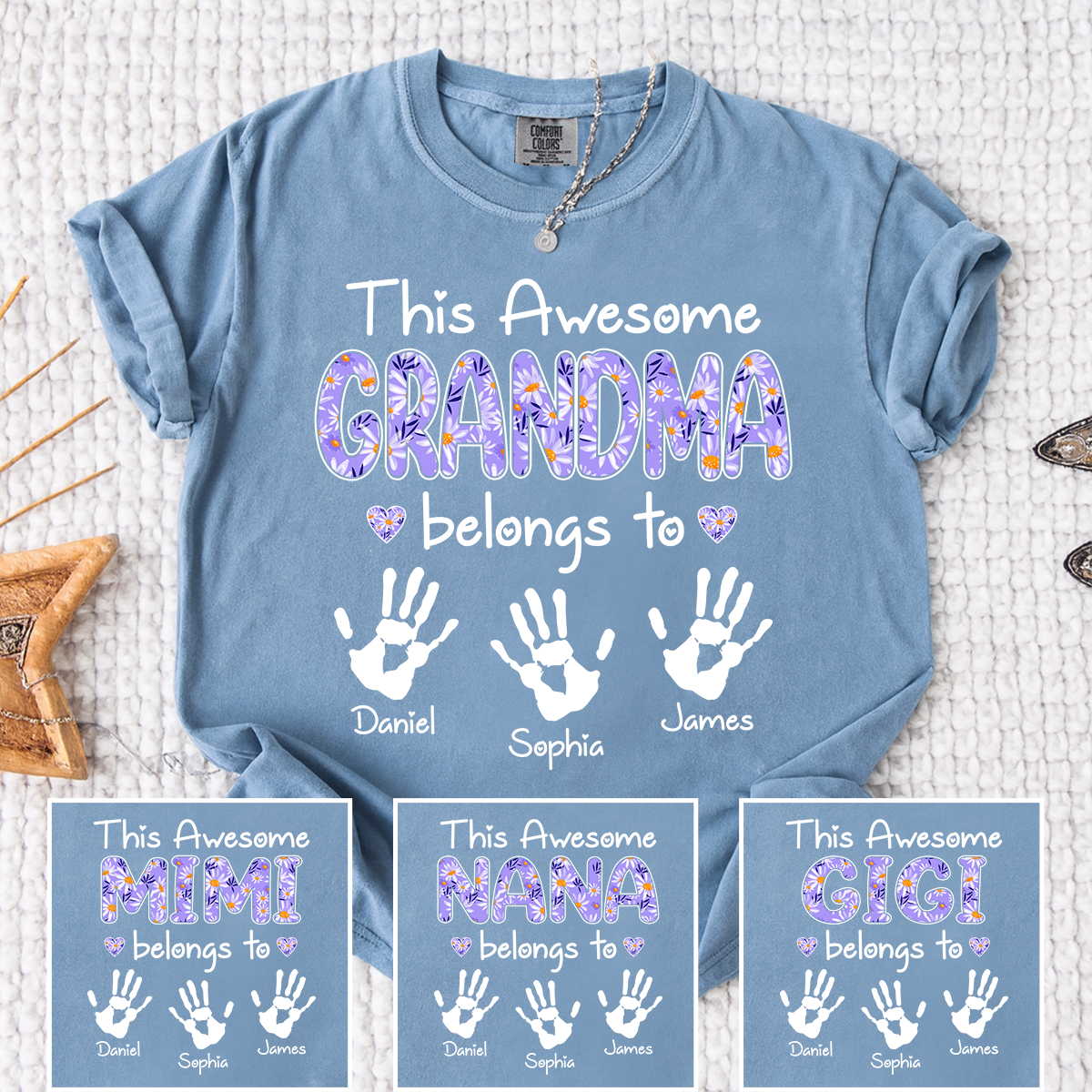 Comfort Colors This Awesome Grandma T Shirt with Handprints, Personalized Family Gift for Grandma