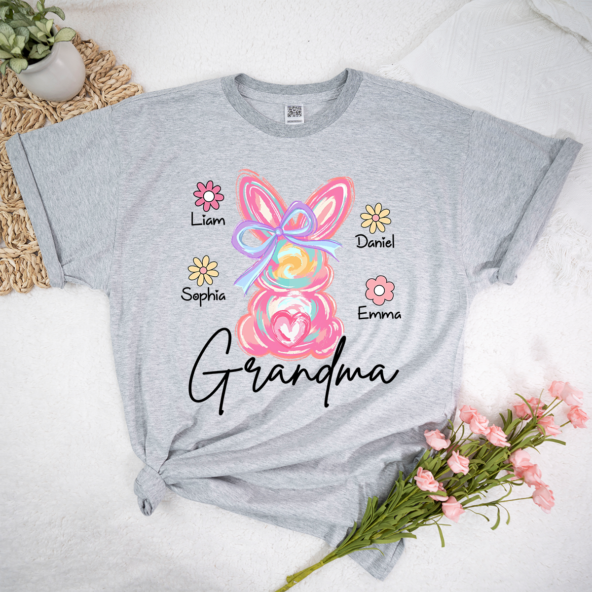 Custom Grandma T Shirt Bunny Design, Personalized Floral Shirt With Children Names