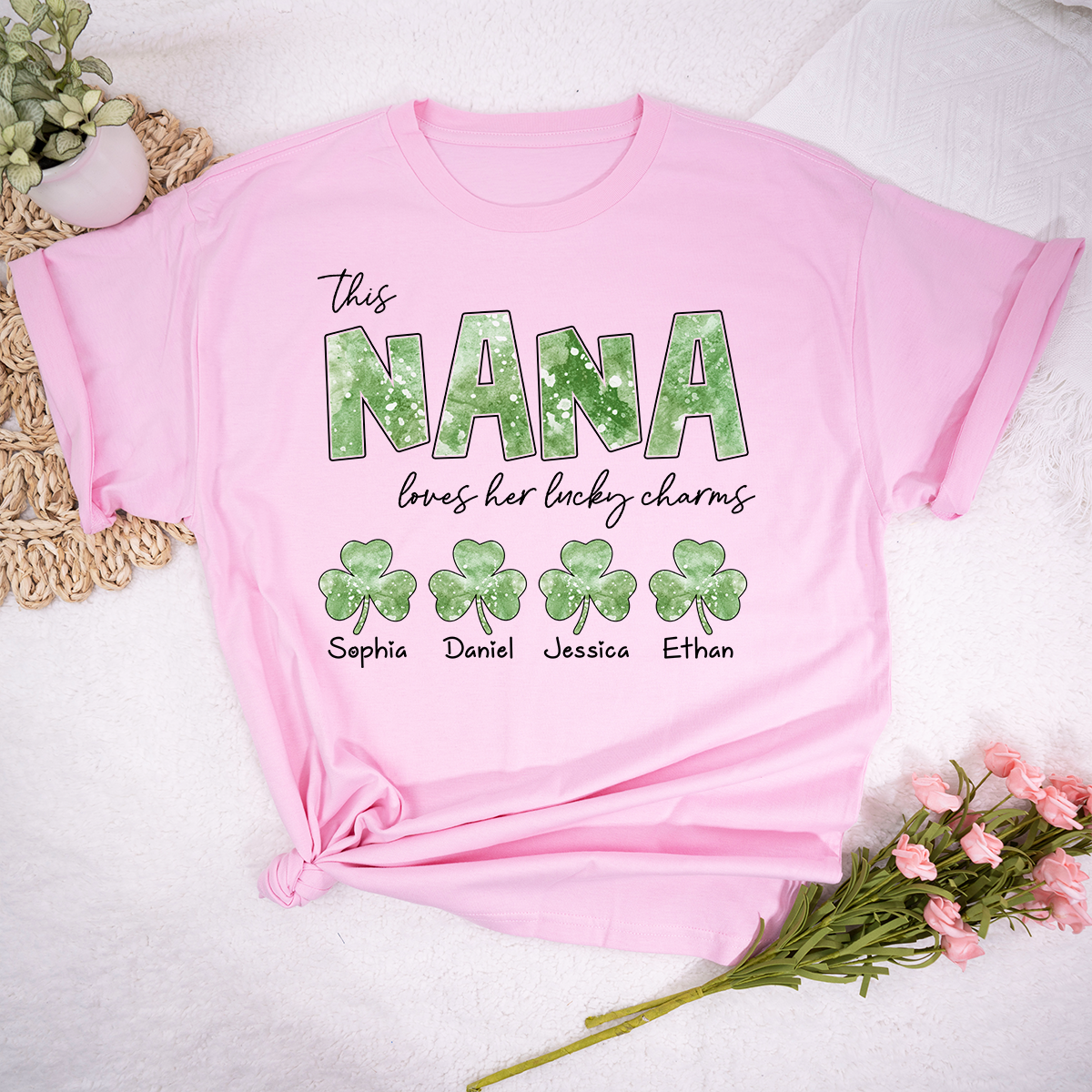This Nana Loves Her Lucky Charms Grandma Shirt, Custom Name Shamrock T Shirt, St Patrick’s Day Nana Gift from Grandkids