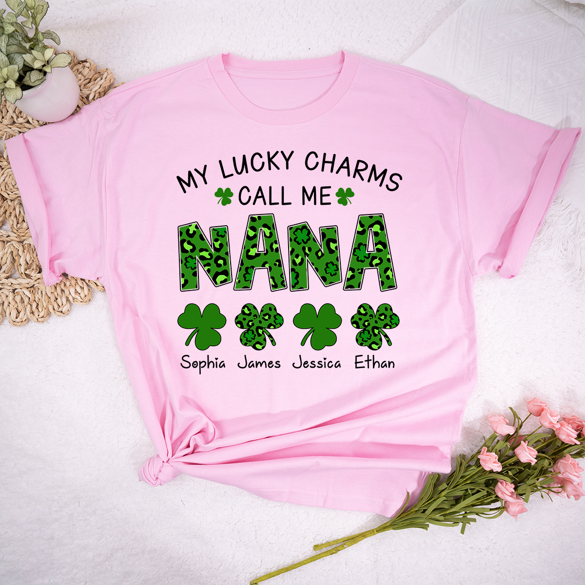 My Lucky Charms Call Me Nana Personalized Shirt, Custom Grandma Name Shirt With Kids Names, St Patrick’s Day Irish Theme Gift