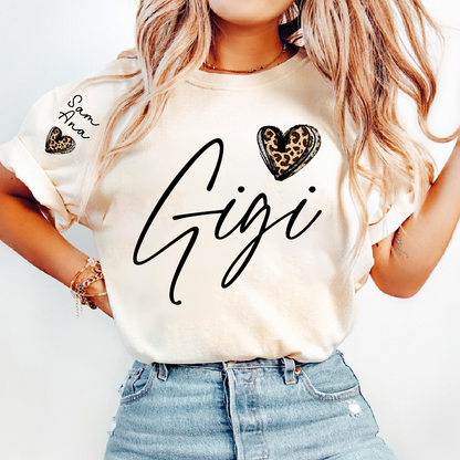 Personalized Gigi Heart Leopard Print T-shirts Custom Family T-Shirt with Heart Shape and Name