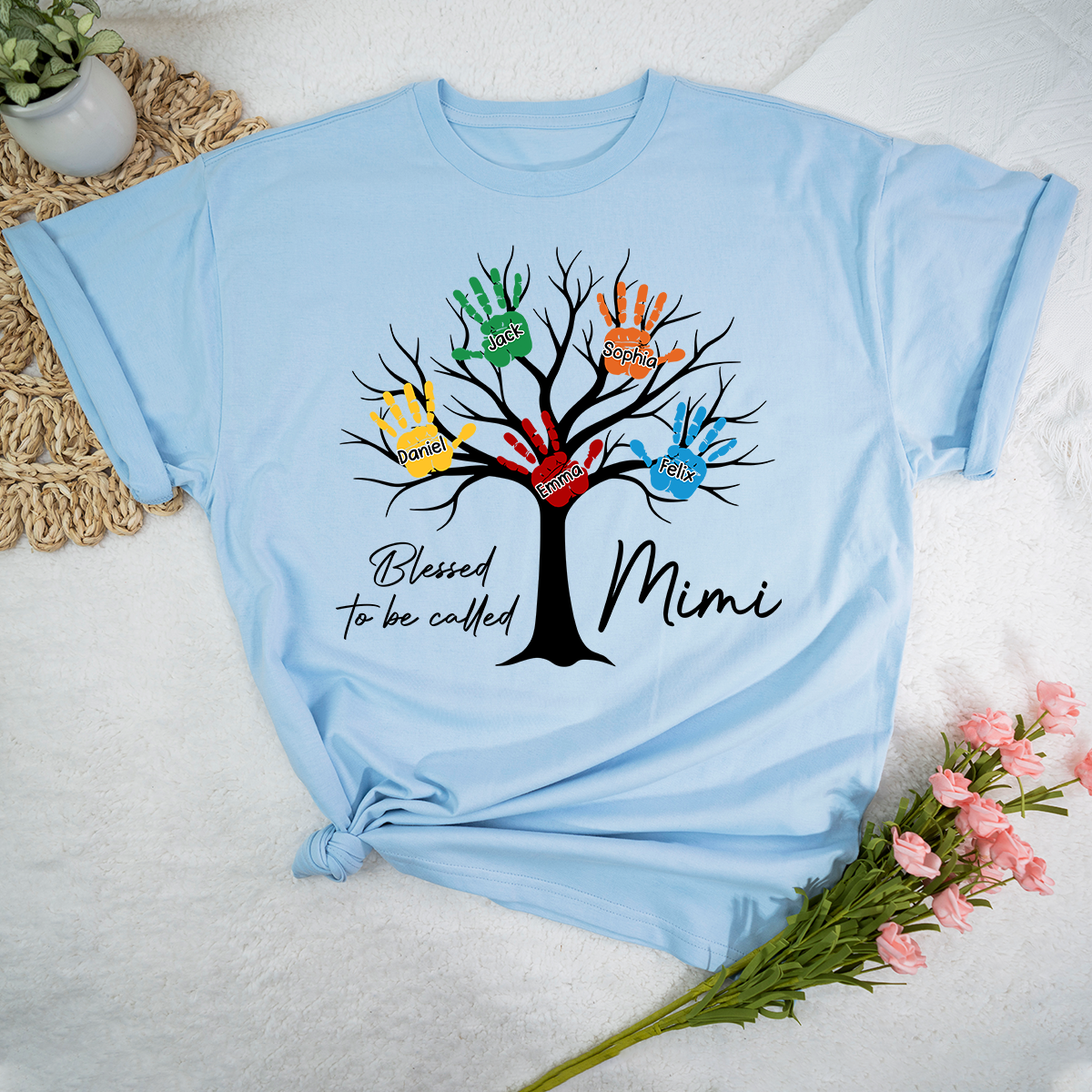 Personalized Mimi Shirt Blessed To Be Called Mimi Custom Grandkids Names Handprint Tree Grandma Gift