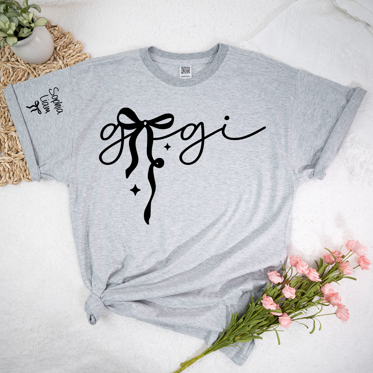 Gigi Script Bow T Shirt, Modern Minimal Grandma Shirt, Personalized Name on Sleeve, Soft Casual Gift for Gigi Grandma