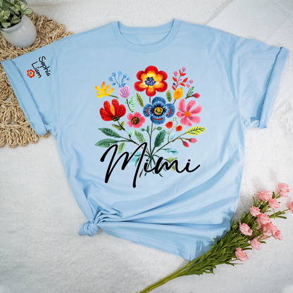 Personalized MimiI Floral T Shirt, Custom Family Names with Vibrant Flower Design, Perfect Gift for Mimi Cinco de mayo