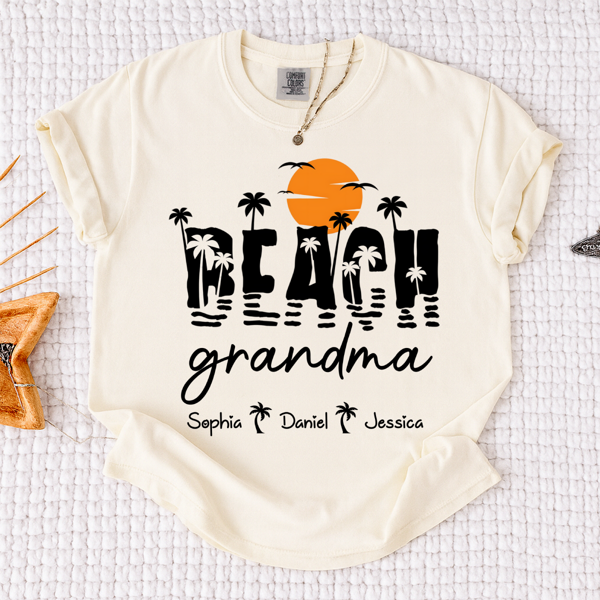 Comfort Colors Personalized Tropical Grandma Shirt – Custom Beach Sunset Palm Tree Tee with Grandchildren Names, Vacation Gift for Her