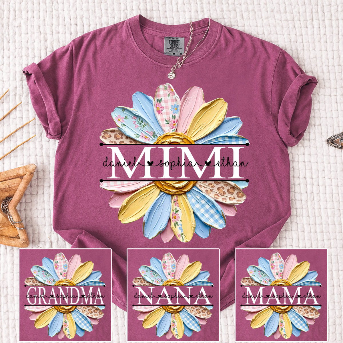 Comfort Mimi Floral Shirt, Custom Grandkids Names with Colorful Patchwork Daisy Design