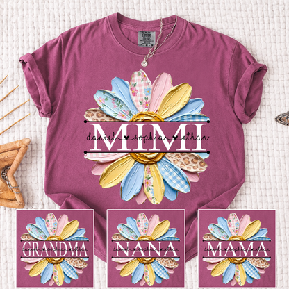 Comfort Mimi Floral Shirt, Custom Grandkids Names with Colorful Patchwork Daisy Design