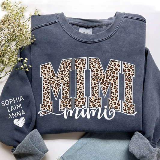 Personalized Mimi Leopard Print Sweatshirt, Custom Grandkids’ Names on Sleeve, Heart Detail