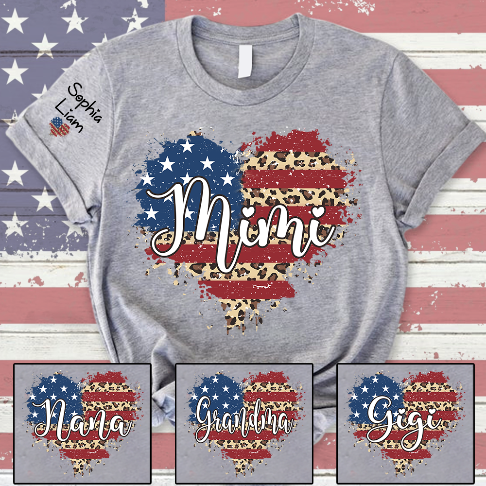 Personalized Mimi Shirt with Kids Names American Flag Heart Leopard Print Custom Grandma Mimi Tee Patriotic Family Shirt for Women