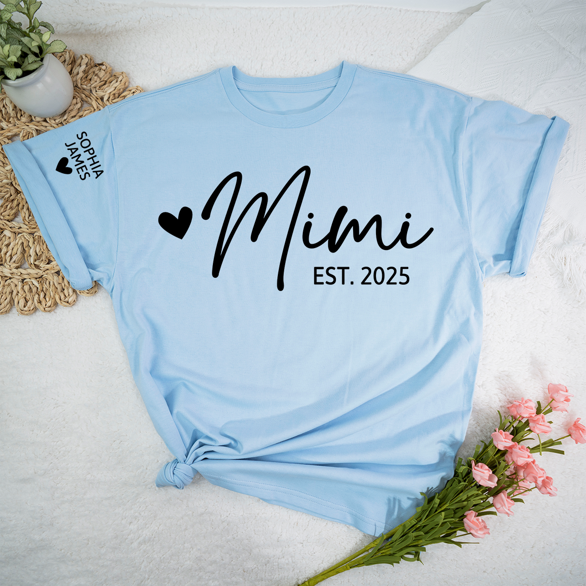 Mimi EST 2025 T-Shirt, Custom Grandma Shirt with Heart, Personalized Family Role Apparel for Her