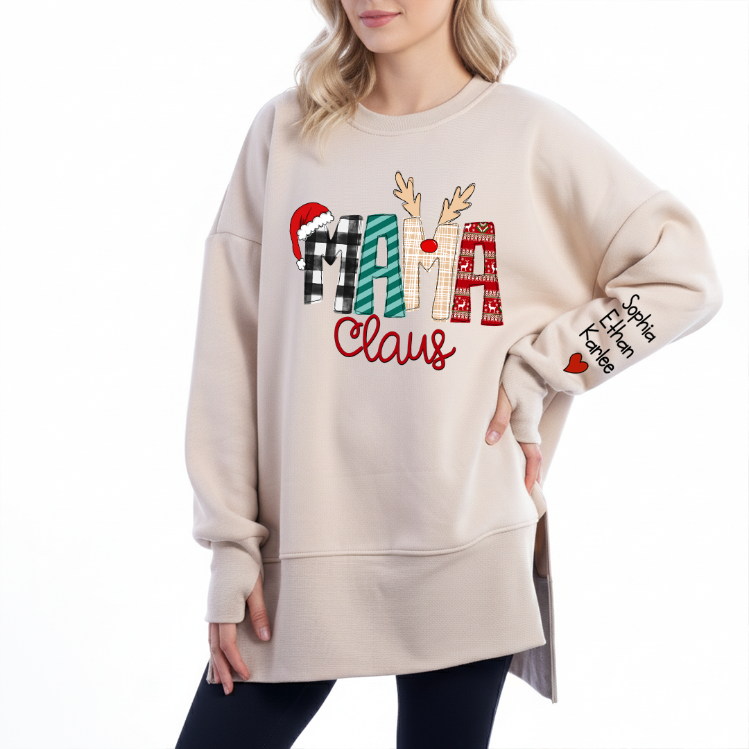 Mama Claus Oversized Christmas Sweatshirt - Personalized Holiday Pullover with Kids' Names on Sleeve, Cozy Festive Gift for Mom