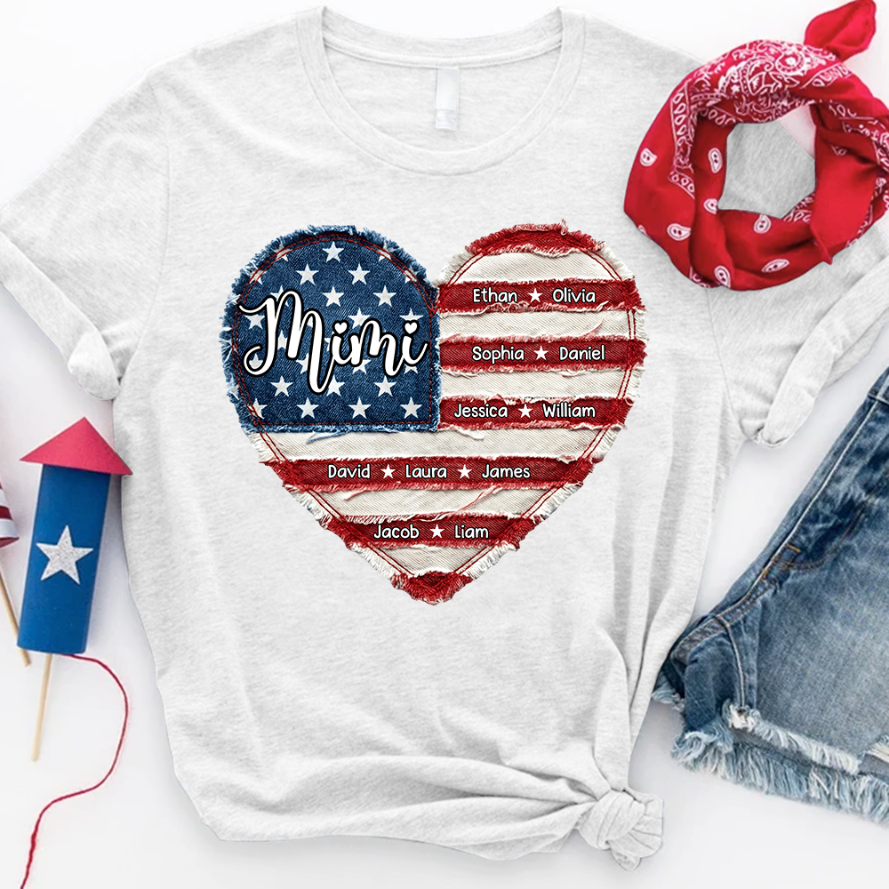 Personalized Mimi Shirt, Custom Family Names T Shirt, American Flag Heart Design, Patriotic Gift for Mimi