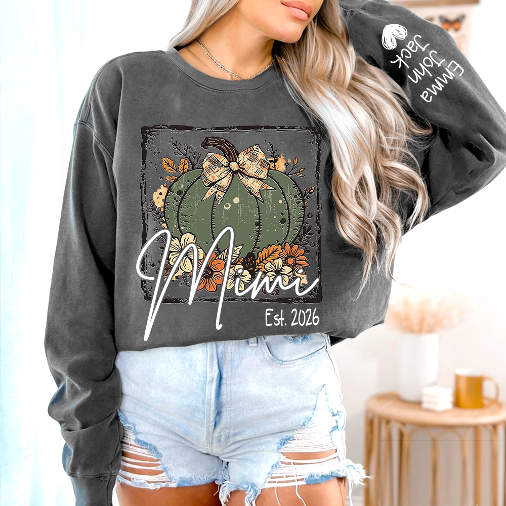 Mimi Pumpkin Shirt for Women, Floral Fall Bow Design Tee, Personalized Grandma T Shirt, Cozy Autumn Gift Idea