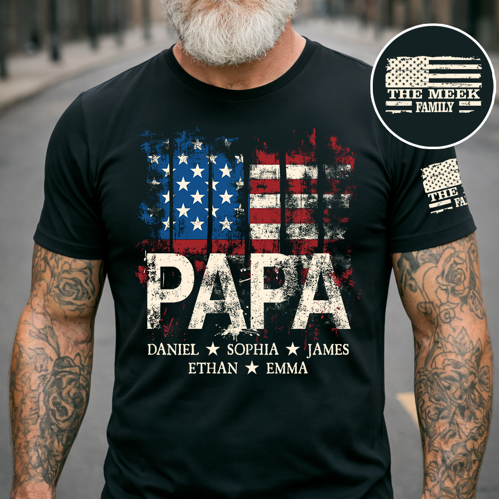 Personalized Papa Shirt for 4th of July – American Flag Custom Dad Gift with Family Name and Kids Names