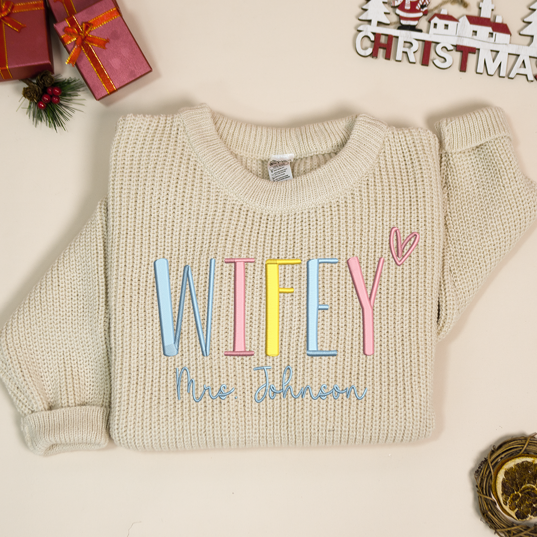 Wifey Embroidered Color Sweater, Christmas Gift Knit Sweater – Personalized Wifey Sweater with Wedding Gift, Gift for Bride