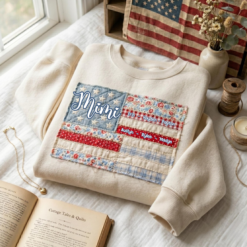 Personalized Mimi American Flag Sweatshirt with Grandkids Names, Custom Patchwork USA Flag Crewneck, Patriotic Grandma Gift