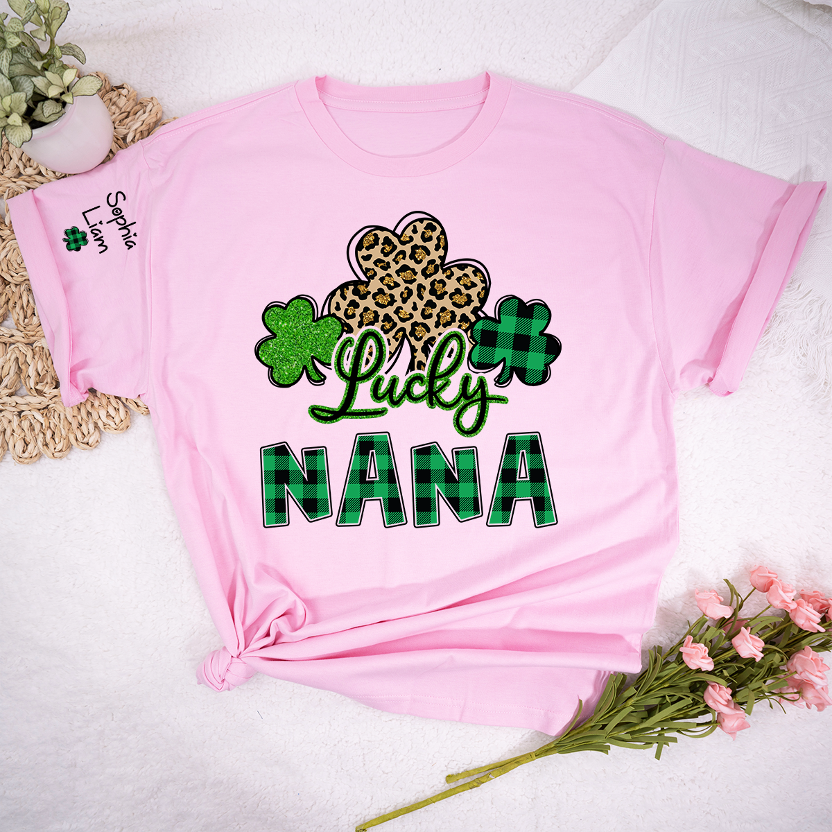 Personalized Lucky Nana T Shirt with Shamrock Pattern, St Patricks Day Grandma Shirt, Custom Name Nana Tee, Cute Irish Clover Design for Family Wear