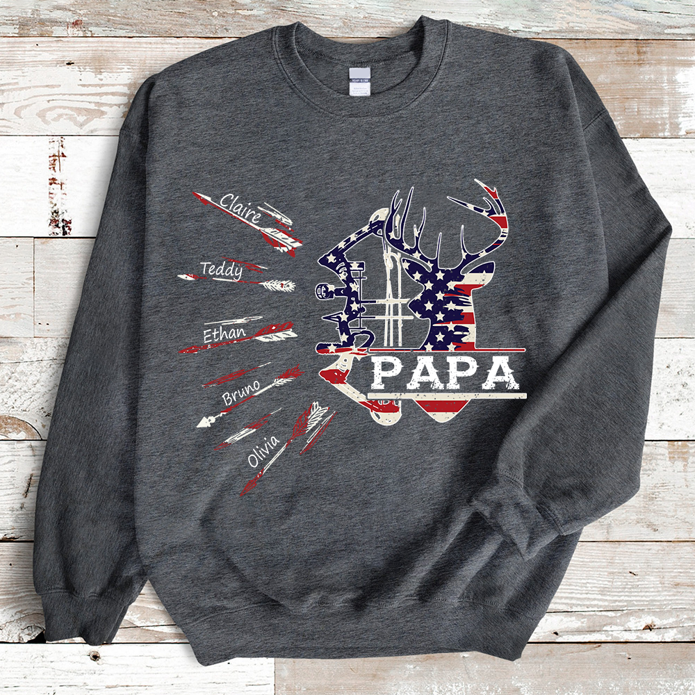 Papa Bow Hunting USA Flag Personalized Grandpa Sweatshirt