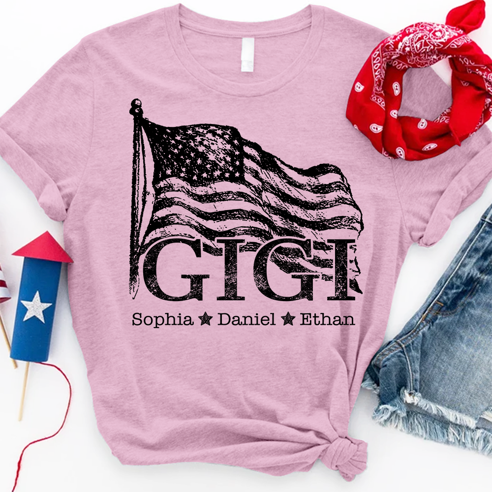 Gigi USA Flag T shirt, Personalized with Kids' Names, Custom Family Shirt for 4th of July