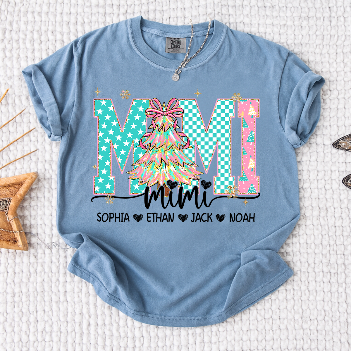 Comfort Colors® Personalized Mimi Christmas Shirt, Custom Holiday Tree Shirt with Kids Names
