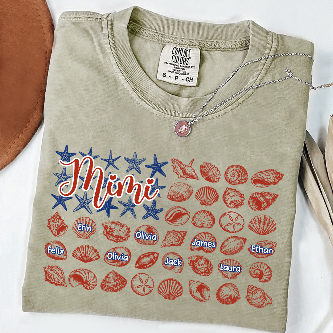 Comfort Colors Custom Mimi Shirt with Kids Names, Personalized Beach Shells Grandma Tee, Summer Family Vacation Gift for Grandmother