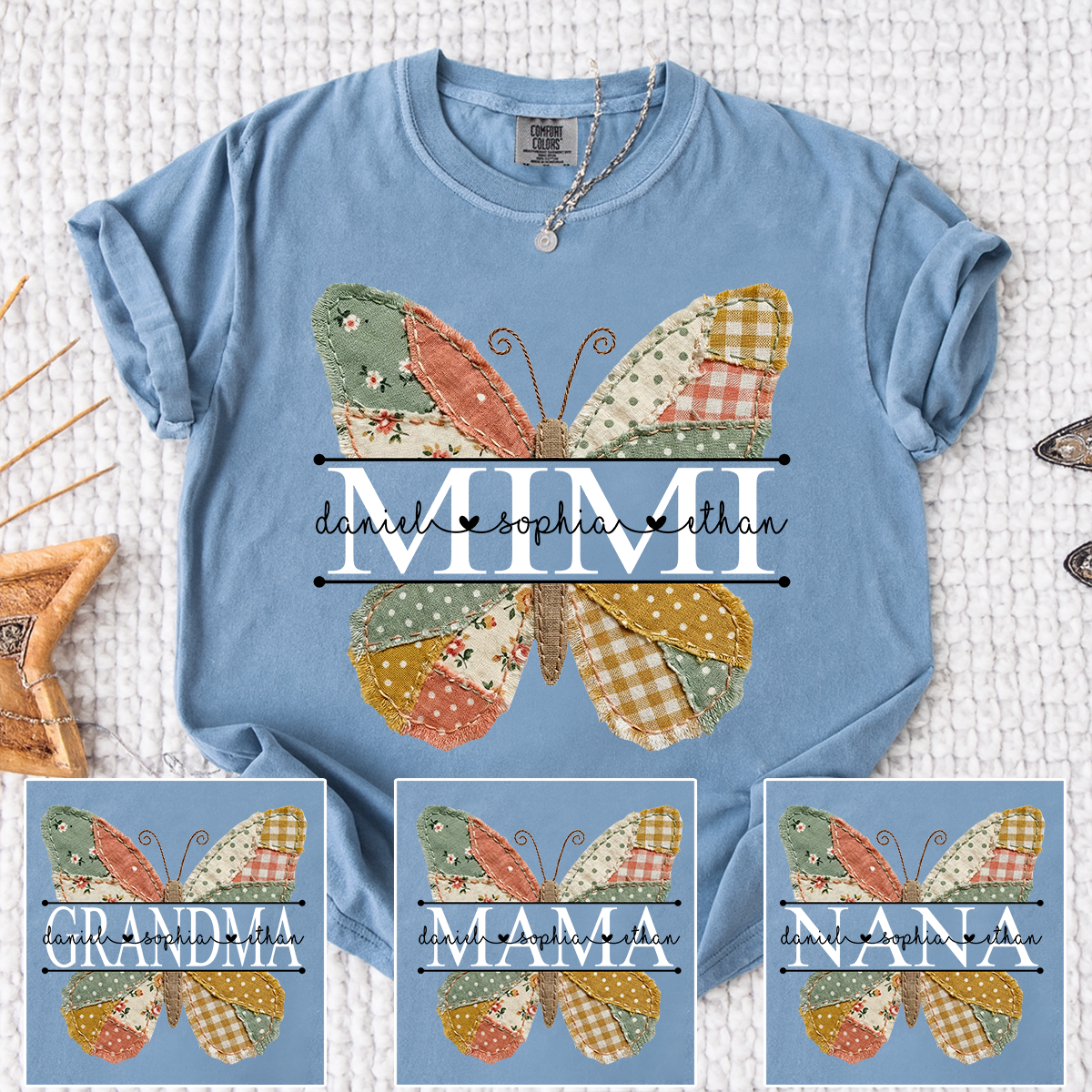 Comfort Mimi Butterfly Shirt, Custom Grandkids Names with Colorful Patchwork Butterfly Design