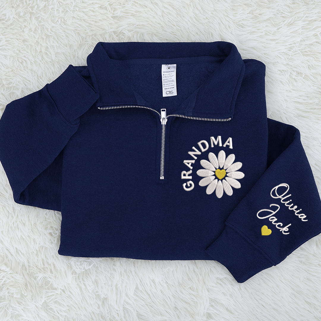Grandma Embroidered Daisy Quarter Zip Sweater – Personalized With Grandchildren Names Gift