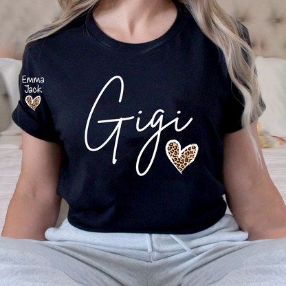 Gigi Shirt for Grandma, Personalized Custom Name Tee with Leopard Print Heart Design