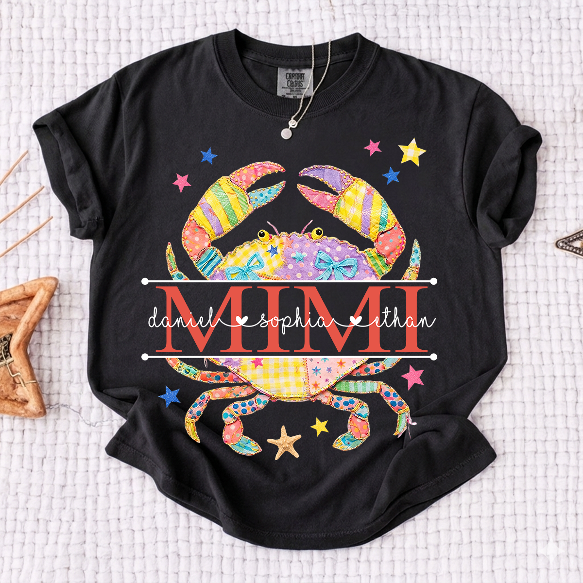 Comfort Colors® Personalized Mimi Crab Shirt with Grandkids Names, Coastal Grandma Tee, Custom Beach Crab Graphic T Shirt, Gift for Mimi from Grandchildren