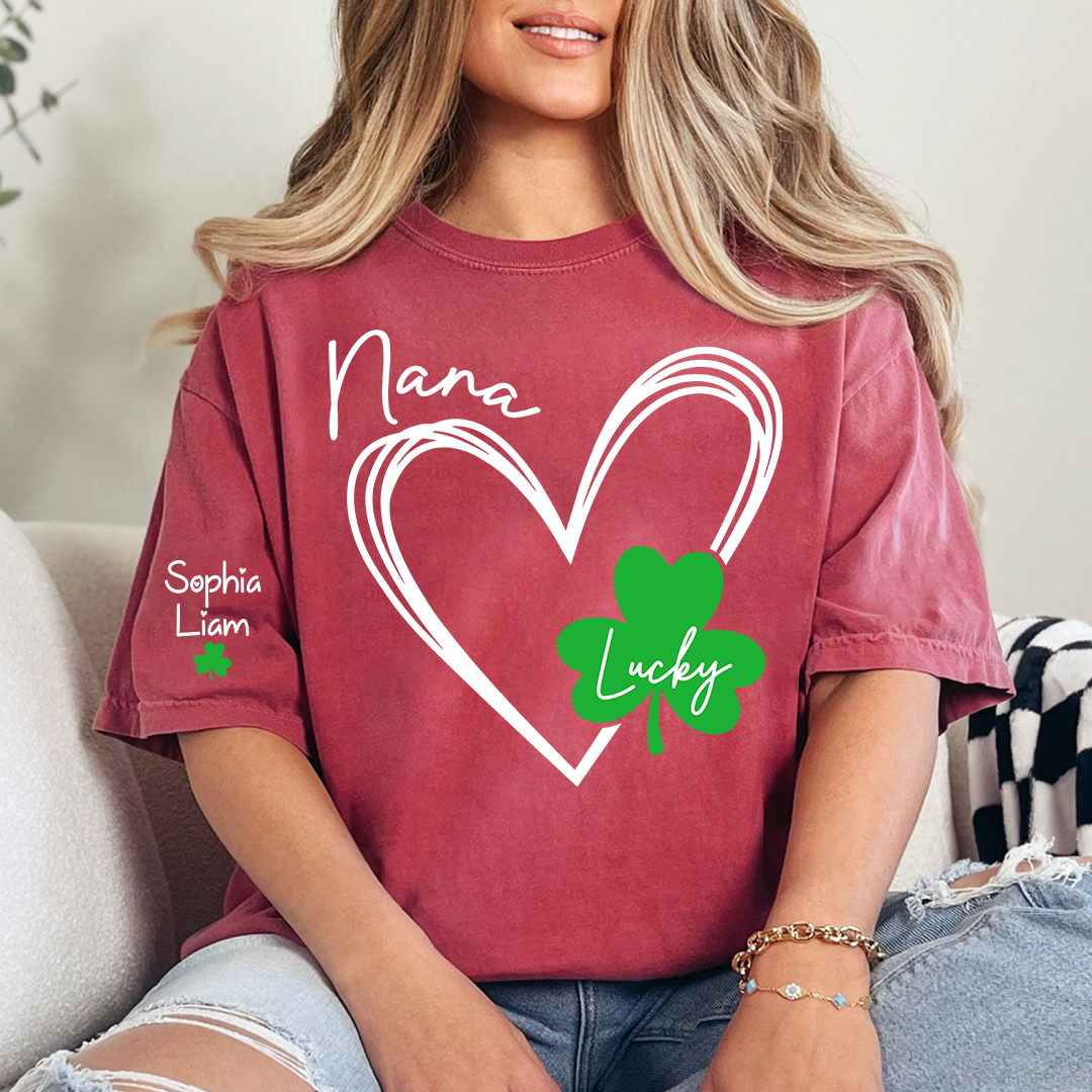Nana Lucky Shamrock Heart T Shirt Personalized with Kids Names, Custom Grandma Shirt for St Patrick’s Day Celebration, Family Matching Green Clover Top