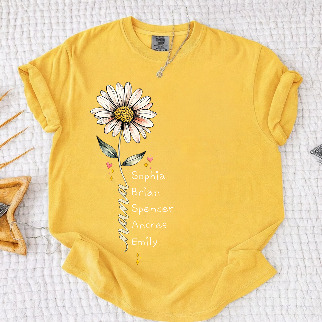 Comfort Colors Personalized Grandma Shirt Daisy Flower Design Custom Nana Mimi Gigi Name Tee with Grandkids Names Vertical Style Family Outfit for Women