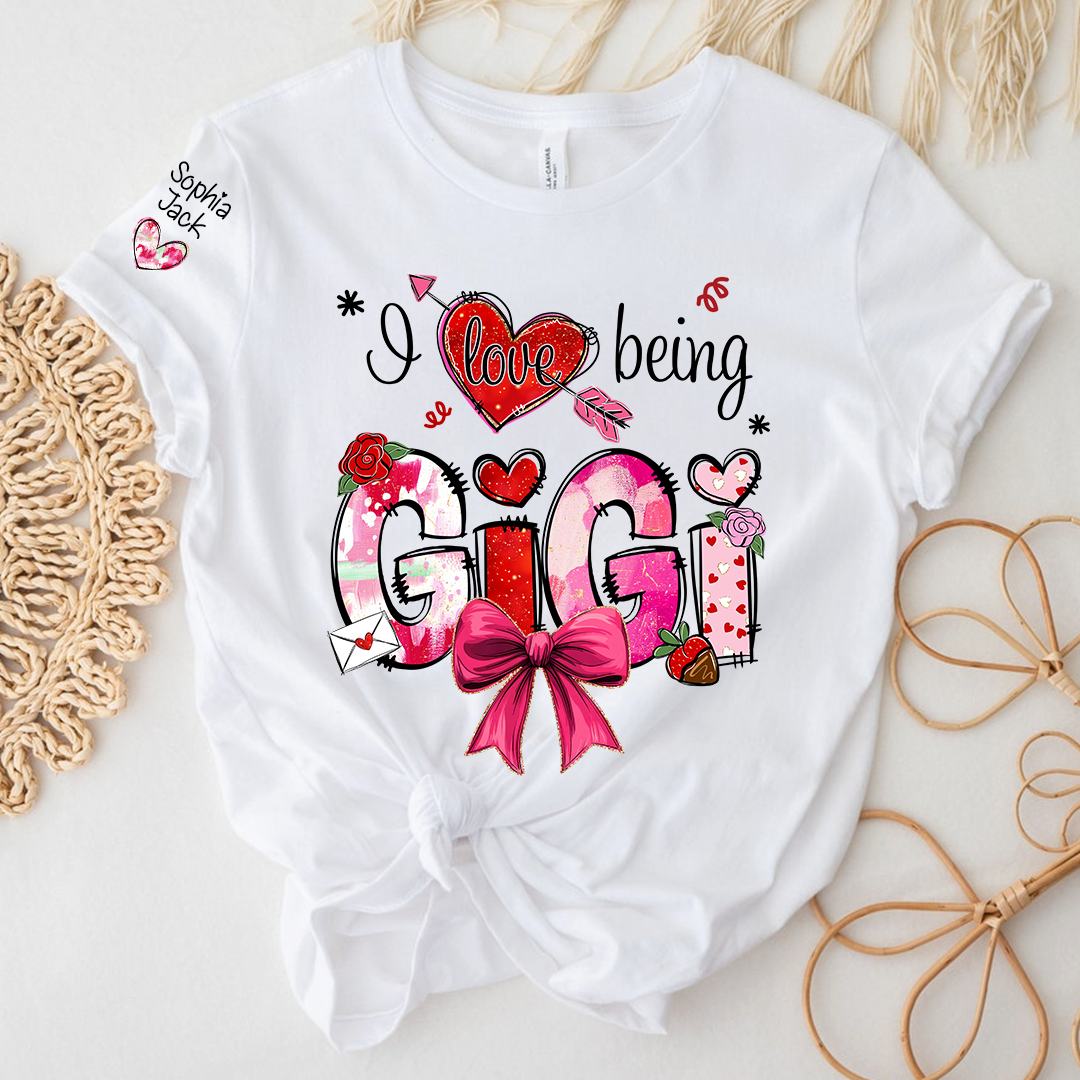 Personalized I Love Being A Nana Valentine's Day T-shirt Cute bows And Strawberries, Gifts for Grandma And Children