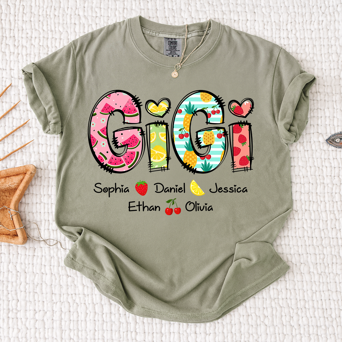 Comfort Colors Custom Gigi Shirt with Kids Names, Personalized Grandma Summer T Shirt, Fruit Pattern Graphic Tee for Nana Mimi Grammy