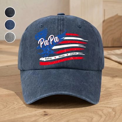 Personalized PaPa American Flag Hat for Grandpa, Custom Kids Names Patriotic Eagle Cap, Fathers Day Gift for Papa Grandfather Birthday Present for Men