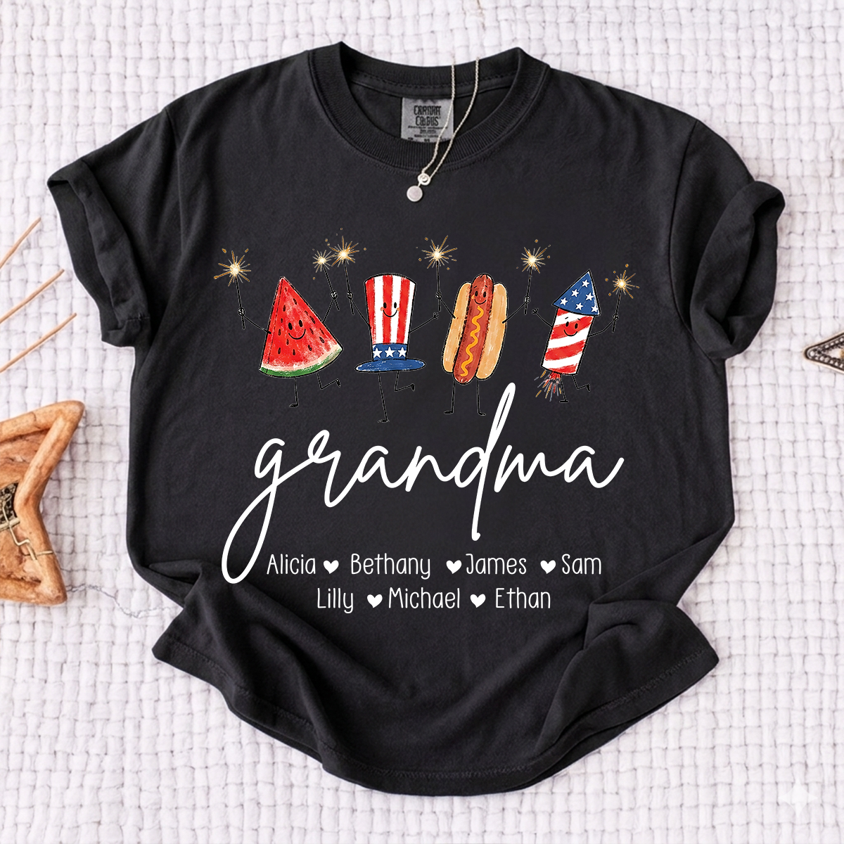 Comfort Colors® Personalized Grandma 4th of July Shirt with Grandkids Names, Patriotic Firecracker Family Tee, Custom Independence Day Grandma Gift