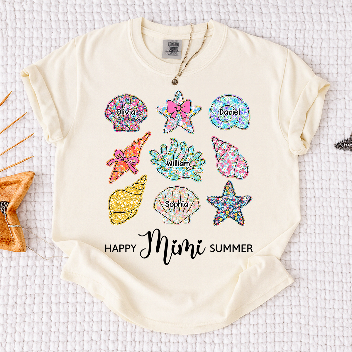 Comfort Colors Personalized Mimi Summer Beach Shirt with Grandkids Names, Custom Grandma Seashell Starfish T Shirt for Women