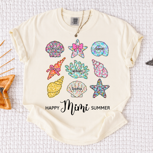 Comfort Colors Personalized Mimi Summer Beach Shirt with Grandkids Names, Custom Grandma Seashell Starfish T Shirt for Women