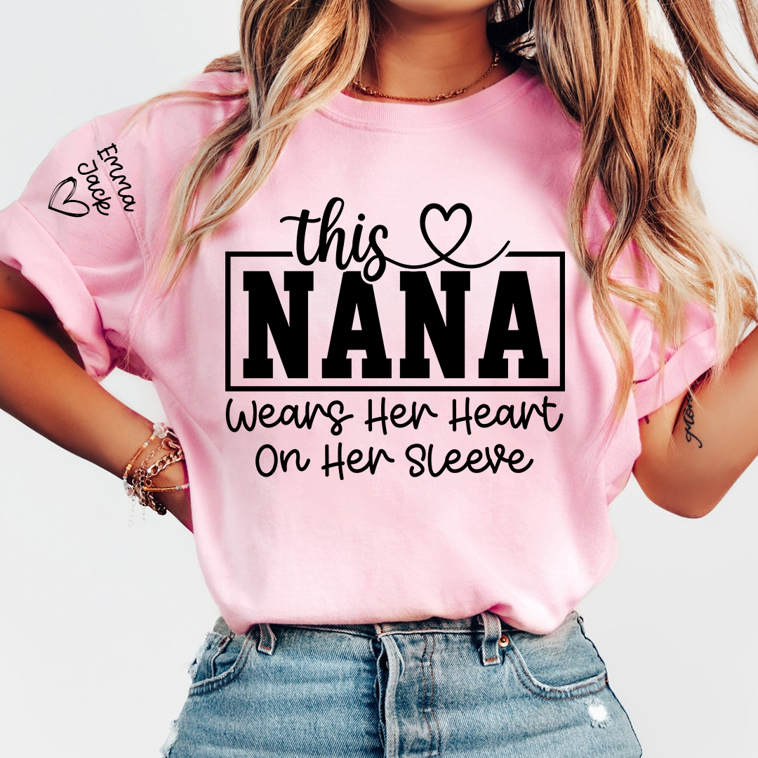This Grandma Wears Her Heart on Her Sleeve Shirt, Personalized Grandkids Names Family T Shirt
