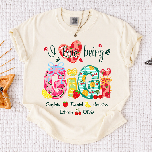 Comfort Colors I Love Being Gigi Shirt with Names, Personalized Fruit Pattern T-Shirt for Grandma, Summer Family Apparel
