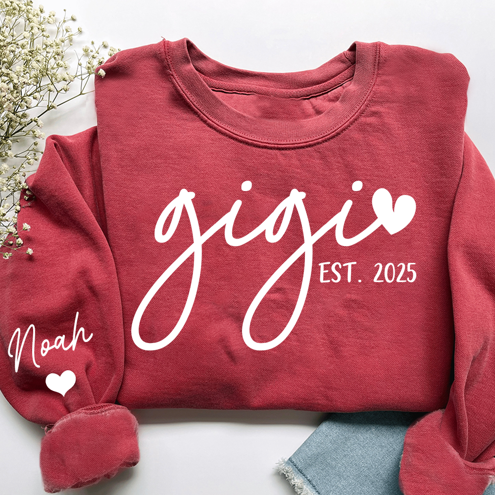 Personalized Gigi Sweatshirt, Custom Printed Name and Grandkids’ Names on Sleeve with Heart