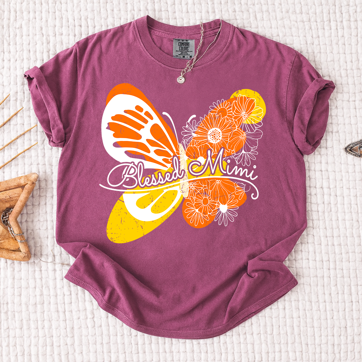 Comfort Colors Personalized Blessed Mimi Shirt with Butterfly and Floral Design, Custom Grandkids Names