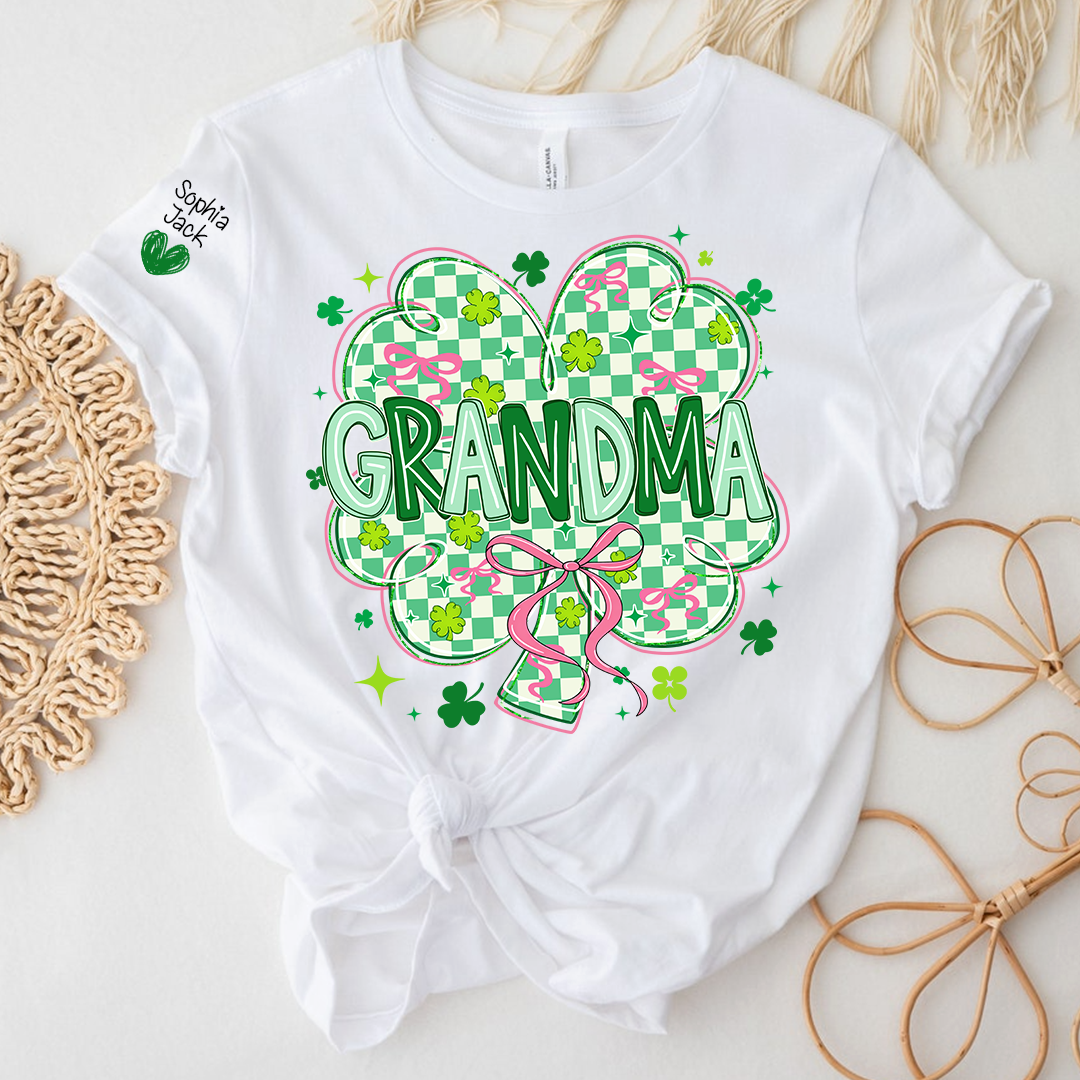Heart Mimi T-Shirt For St Patrick’s Day, Personalized Grandma Shamrock Clover T Shirt With Kids Names