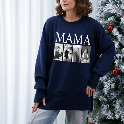 Custom MAMA Photo Sweatshirt – Personalized Oversized Pullover with Kids Pictures, Cozy Thumbhole Long Sleeve for Women