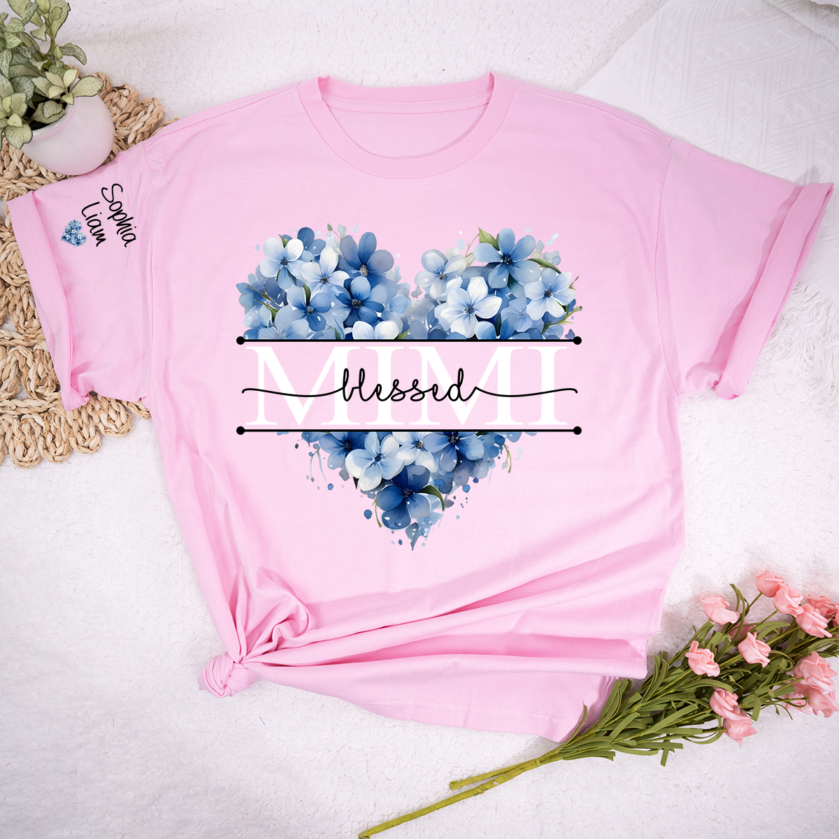 Personalized Blessed Mimi Floral Heart T Shirt, Custom Family Names with Beautiful Blue Flowers, Perfect Gift for Mimi