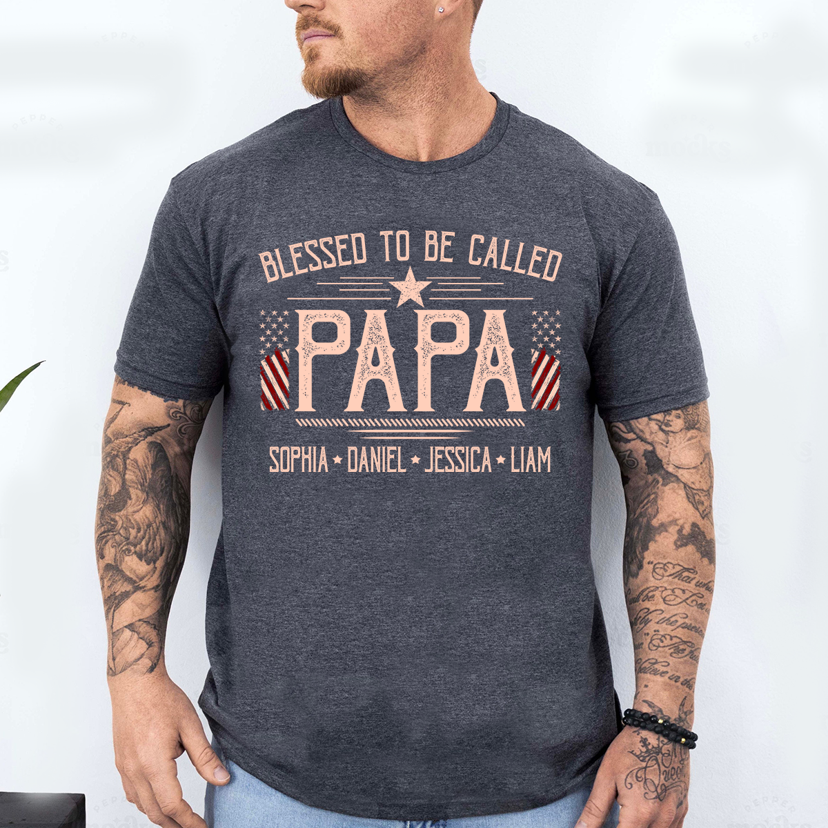 Custom Papa Shirt, Blessed to Be Called Papa with American Flag, Personalized Grandkids Names