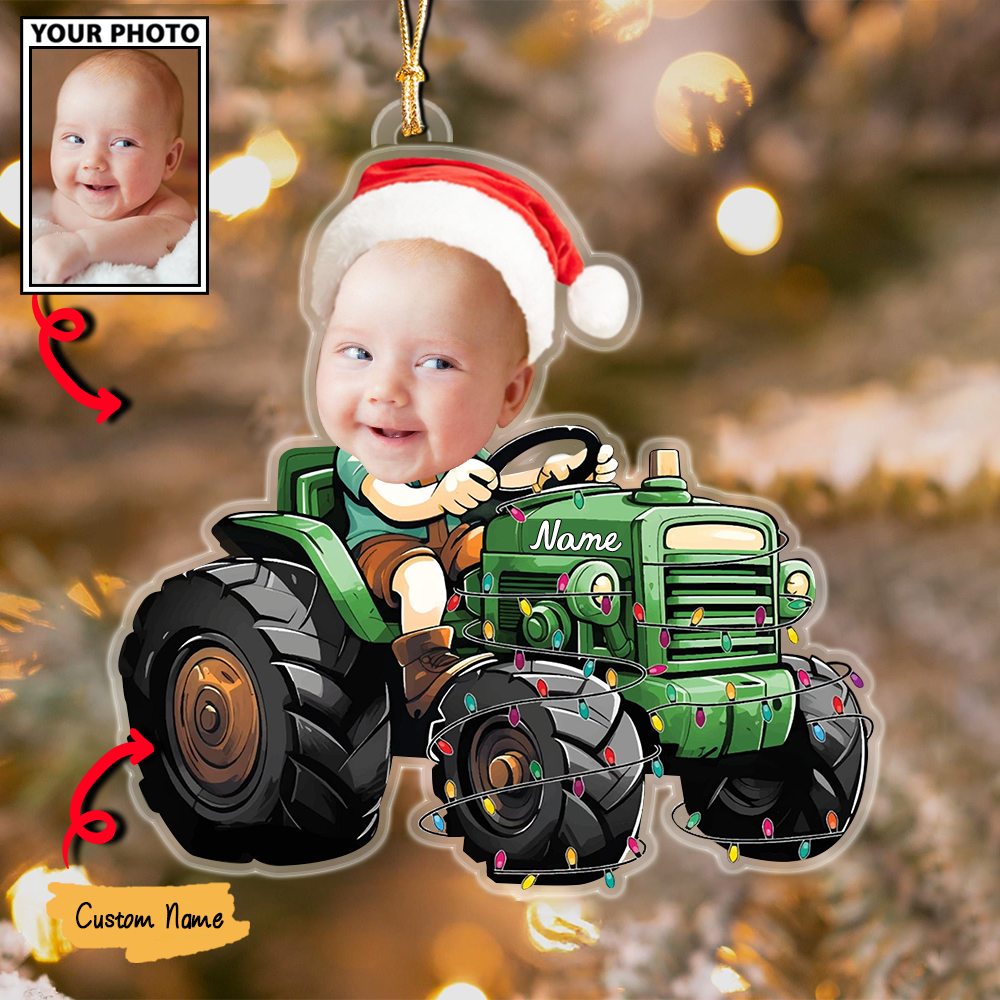 Baby Christmas Ornament, Custom Photo and Name Tractor Holiday Decoration