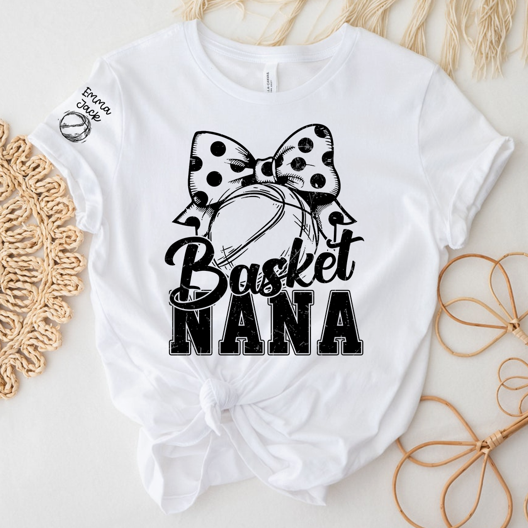 Black And White T-shirt With Basketball Print, Mimi Style, Can Be Printed With Grandchildren's Names, Suitable As A Gift For Grandma