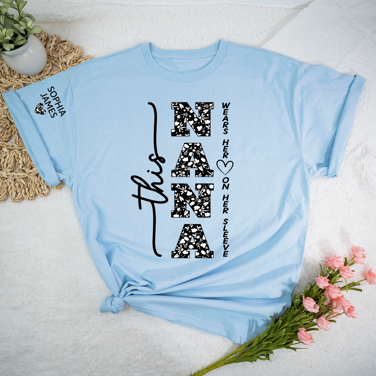 This Nana Wears Her Heart on Her Sleeve Floral Pattern Shirt, Personalized Grandma T Shirt with Names
