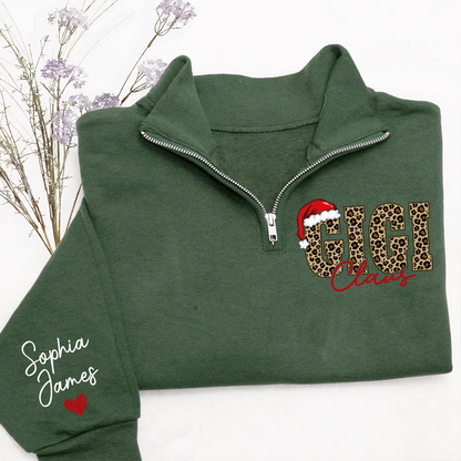 Gigi Claus Leopard Christmas Quarter Zip – Custom Name Sweatshirt Gift For Grandma