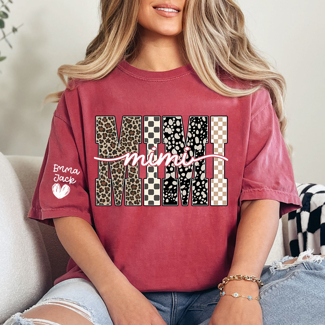 Personalized Mimi Shirt with Grandkids Names, Leopard and Checkered Pattern Family Tee